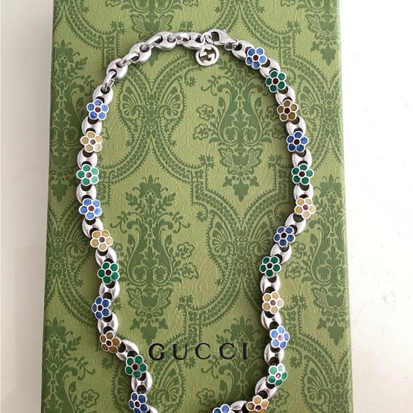 Gucci Silver Necklace with Blue and Green Floral Accents - Picture 1 of 3